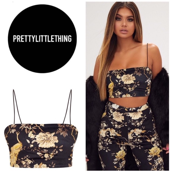 PrettyLittleThing Tops - PrettyLittleThing Black Floral Velvet Crop Top
